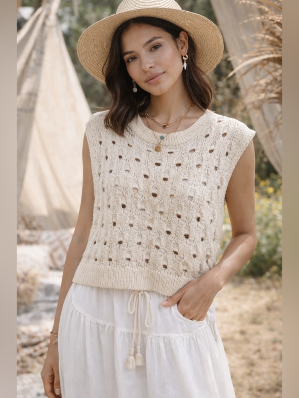 ZARA Cream Open Knit Sweater Vest Boho Crochet‎ Pointelle Sleeveless Top S/M